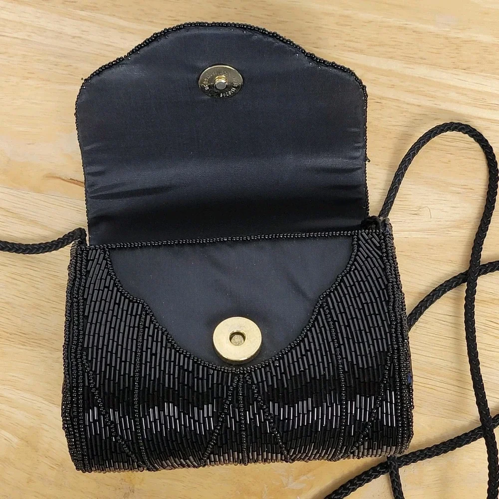 Sasha Handmade Beaded Evening Bag‎ Black Floral Crossbody Vintage Boho